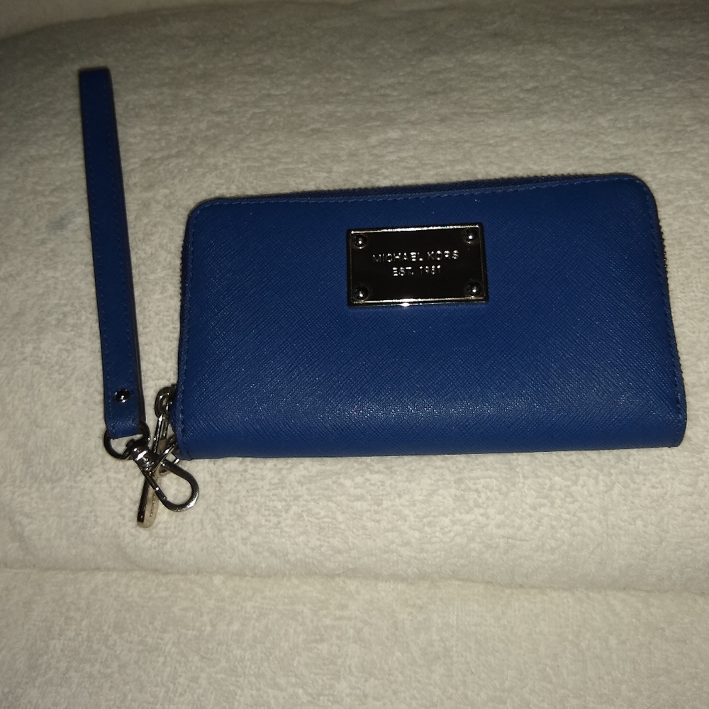 COPY - Michael Kors blue saffiano leather wristlet.